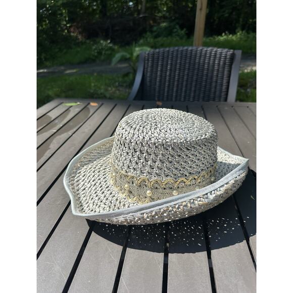 Vtg Eric Javits Light Gray Gold Trim And Pearls Classic Handwoven Fedora Hat - Picture 5 of 9